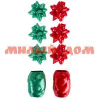 Набор для оформления подарков 8пр 6 бантов 2 ленты 0,5см*10м зеленый и красный матовый БЛ-0383